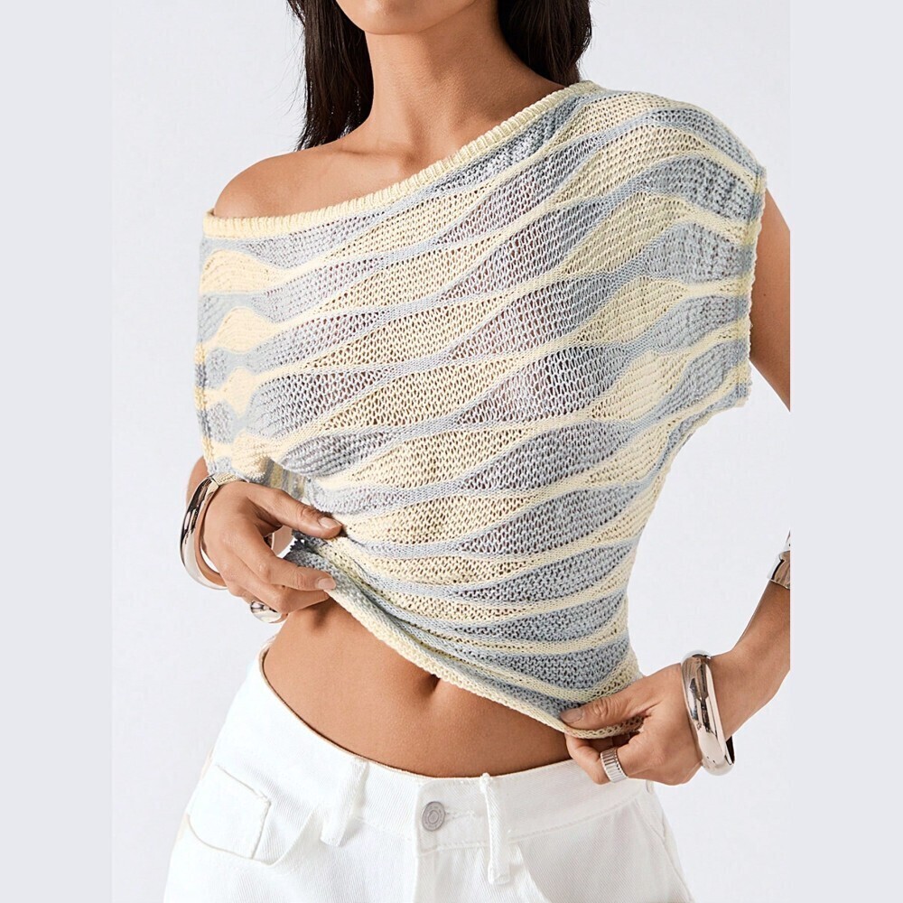 Yellow Blue Marled Crochet Knit Asymmetrical Neck Crop Top